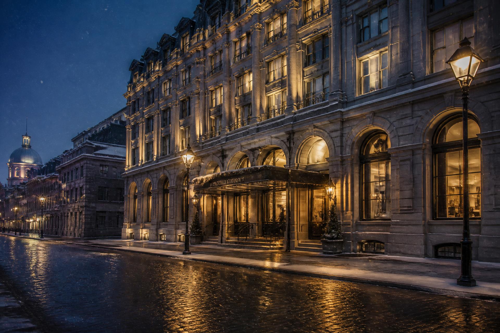 Logis Hotel Canada facade in Toronto at dusk with softly falling snow